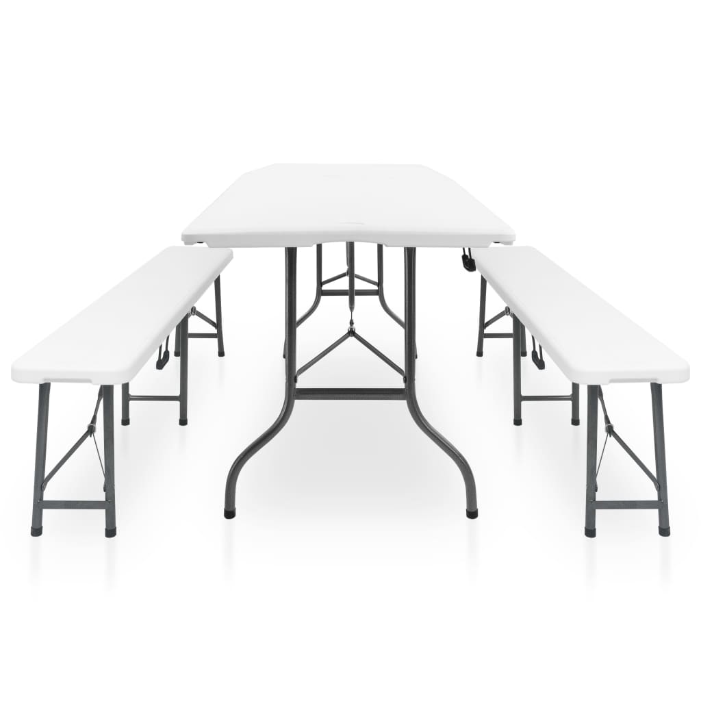 Klappbarer Gartentisch mit 2 Bänken 180 cm Stahl und HDPE Weiß