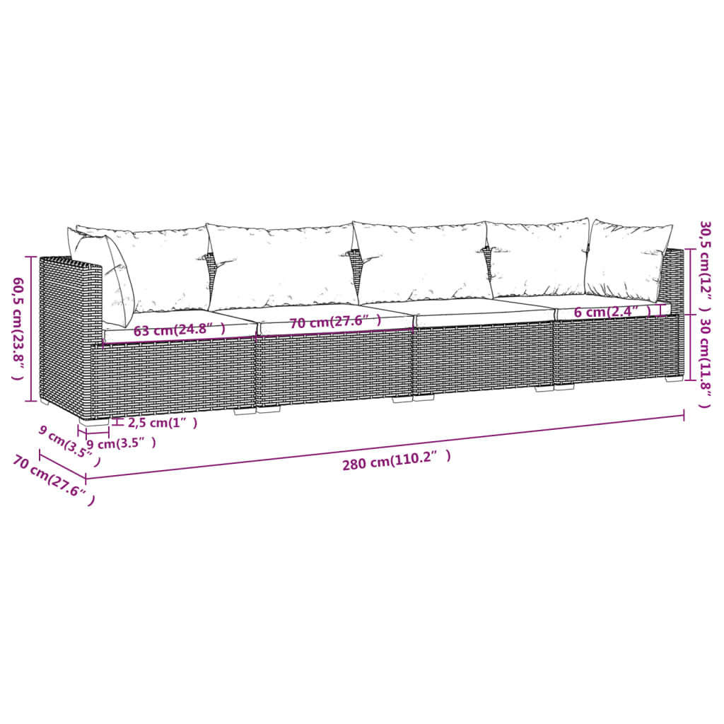4-tlg. Garten-Lounge-Set mit Auflagen Poly Rattan Braun